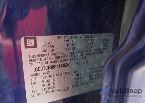 2016 Chevrolet Colorado Lt из США, поврежденный, VIN 1GCGTCE38G1144698